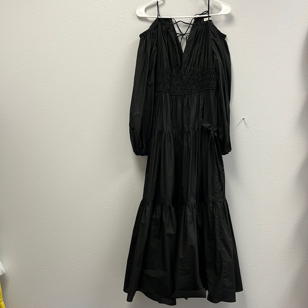 puff-sleeve gathered midi dress